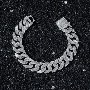 Bracelet cubain 15mm argenté pour homme serti de diamants étincelants au style hip hop luxe
