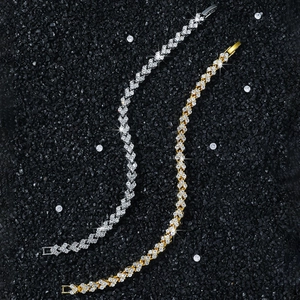 Hip hop heart link tennis bracelet in gold and silver plating with cubic zirconia gems