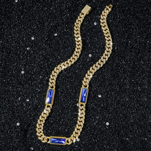 Luxuriöse Hip Hop Iced Out Panzerkette Halskette Armband Zinklegierung Strass Blau Glas Edelstein Schmuck Für Herren Party