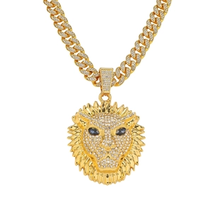 Collier Pendentif Tête de Lion Hip Hop pour Hommes Alliage Plein Strass Or Argent Électroplaqué Chaîne Maille Gourmette Bijoux Streetwear