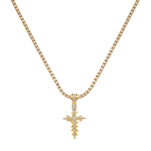 Gold hip-hop tennis chain with iced out thorn cross pendant for men fashion jewelry