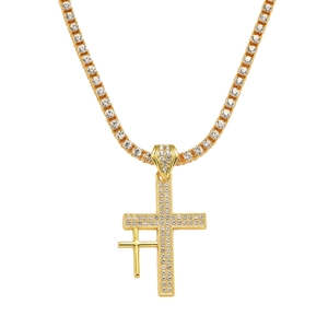 Collana tennis dorata hip hop con ciondolo a doppia croce ghiacciata da uomo