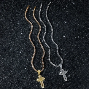 Colliers tennis hip hop en or et argent avec pendentifs croix sertis de diamants