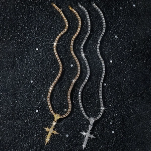 Hip hop gold and silver jagged thorn cross pendants with iced-out tennis chains