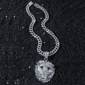 Collier hip hop pour homme avec pendentif tête de lion argenté et chaîne cubaine