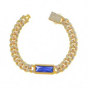 10mm Herren Hip Hop Gold Gliederkette Armband mit blauem Edelstein und Kristallen