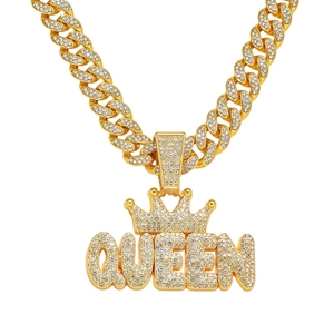 Hip Hop Herren Iced Out QUEEN Buchstabe Anhänger Halskette Mit Krone Zinklegierung Strass Panzerkette Party Schmuck
