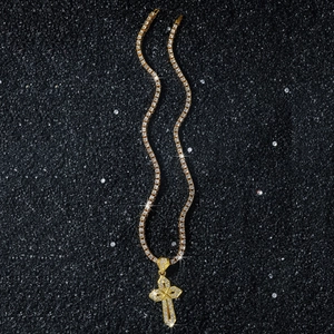 Collier pendentif croix dorée hip-hop pour homme avec chaîne tennis sertie de diamants