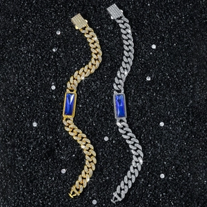 10mm Herren Iced Out Cuban Armband mit blauem Edelstein in Gold- und Silberoptik