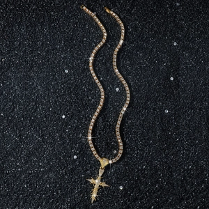 Men's Hip Hop Jagged Thorn Cross Pendant Necklace With 4mm Tennis Chain Zinc Alloy Streetwear Pave Rhinestone Jewelry