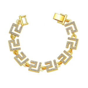 Men's 14mm gold geometric Greca link bracelet with luxury white zircon pavé setting