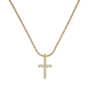 Collier chaîne tennis dorée avec un pendentif croix en cristaux en forme de cœur luxe