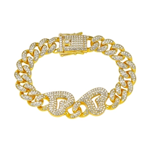 Bracciale cubano dorato uomo stile hip hop con cuori di strass e maglie iced out