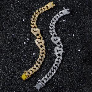Bracciali a catena cubana hip hop in oro e argento con maglie a cuore in strass luminosi