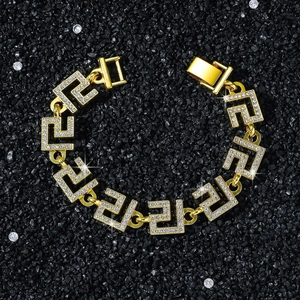 Men's 14mm heavy gold hip hop link bracelet with Greca patterns and pavé crystals