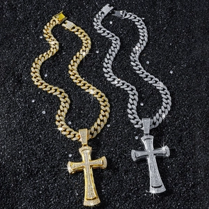 Hip hop style gold and silver iced out cross pendant necklaces with Cuban link chains