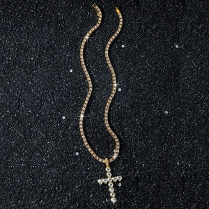 Collier tennis homme style hip hop doré avec pendentif croix en pierres en cœur