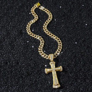 Hip Hop Men Zinc Alloy Full Rhinestone Cross Pendant Necklace With Cuban Link Chain Bling Streetwear Party Jewelry Gold Silver