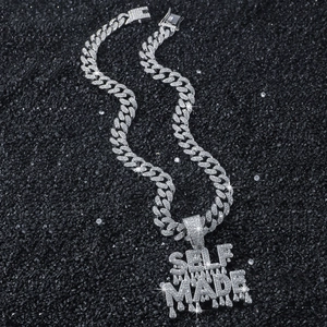 Iced out silver SELF MADE pendant with melting effect on hip hop cuban link chain