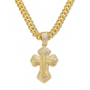 Collana hip hop con maglia cubana dorata e grande ciondolo a croce con strass da uomo