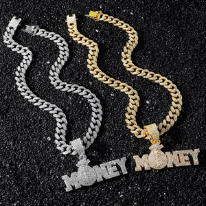 Collier chaîne cubaine avec pendentif MONEY en or et argent de style hip-hop