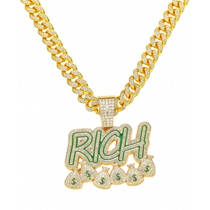 Hip-Hop RICH Buchstaben Anhänger Halskette Mit Geldbeuteln Zinklegierung Iced Out Strass Herren Panzerkette Halsketten Gold Silber