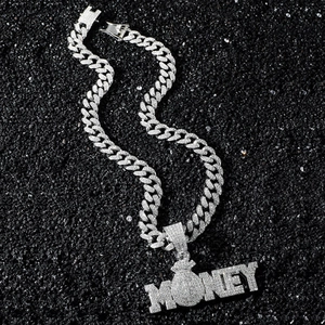 Collier hip hop argenté avec pendentif MONEY et chaîne cubaine sertie de zircons