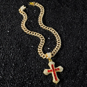 Collier Pendentif Croix en Alliage de Zinc Strass Homme Hip Hop Or Argent Chaîne Mailles Cubaines Pierre Carrée Rouge Bijoux