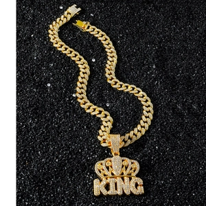 Collier Hip Hop Iced Out Pendentif Lettre King Couronne Or Argent Strass Alliage de Zinc Chaîne Cubaine Homme Bijoux