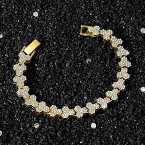 Hip Hop Unisex Rhinestone Bracelet Alloy Pave Geometric Hexagon Honeycomb Link Chain Gold Silver Plated Jewelry Gift