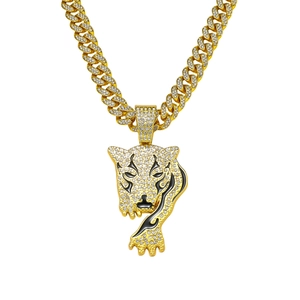 Men's hip hop gold cuban link necklace with iced out leopard head pendant for streetwear