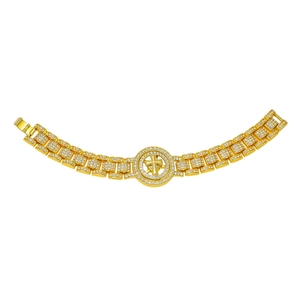 Men's hip hop gold finish bracelet with iced out round stones and cross centerpiece