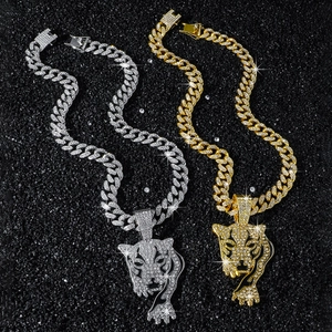 Hip-hop leopard head pendant necklace set with crystal iced-out Cuban link chains