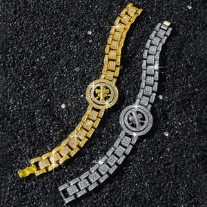 Men's hip hop rotating iced out cross link bracelet in gold and silver finish