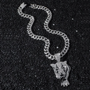 Hip hop style silver Cuban chain necklace with a iced-out leopard head pendant for men