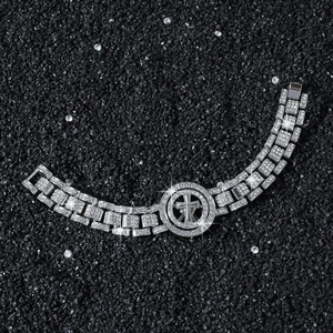 Hip hop iced out silver watch band bracelet with spinning cross charm for men