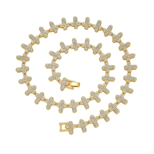 Men's hip hop gold-plated chain necklace featuring iced-out diamond cross links
