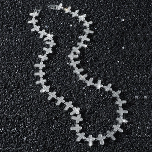 Mens iced out hip hop cross chain necklace with sparkling crystals in silver finish
