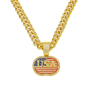 Hip Hop Men Iced Out USA Flag Pendant Necklace Zinc Alloy Rhinestone Cuban Link Chain Fashion Patriotic Jewelry Gift