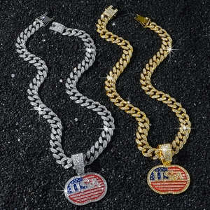 Hip hop iced out cuban link chain with USA flag pendant in gold and silver finish
