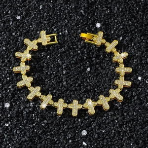 Iced out gold plated cross link chain bracelet for men with sparkling cubic zirconia stones