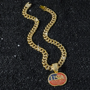 Gold hip hop Cuban chain necklace with iced out USA American flag pendant and zircons