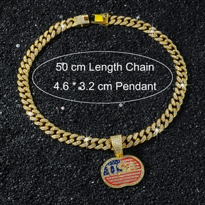 Detail view of iced out USA flag pendant and 50cm gold Cuban chain with dimensions