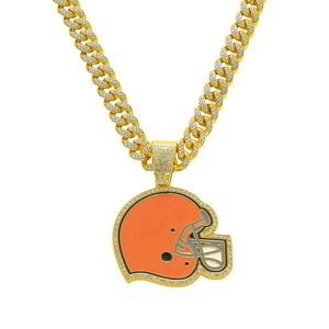 Hip hop iced out football helmet pendant necklace with orange enamel and gold cuban chain