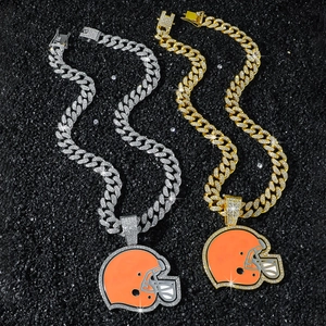 Hip hop iced out cuban chain necklaces with orange football helmet pendants in gold and silver