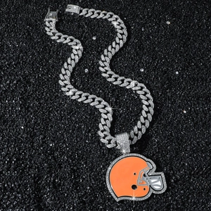 Iced-out Cuban link chain with orange American football helmet pendant for men