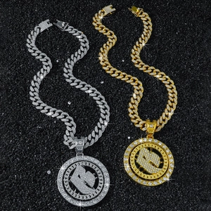 Men's hip hop Cuban chain necklace with iced out rotating letter B pendant in gold and silver