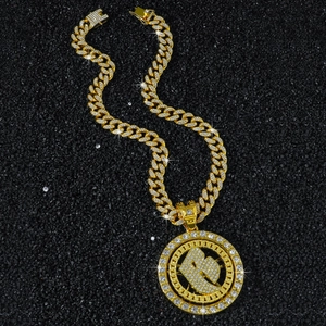 Golden hip hop cuban chain necklace with iced-out spinning letter B pendant