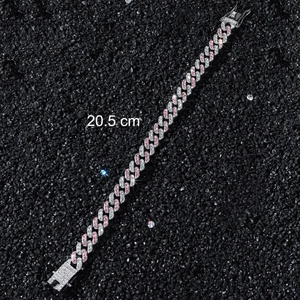 Bracelet cubain hip hop de 9mm avec strass roses et blancs sur métal argenté, 20.5cm