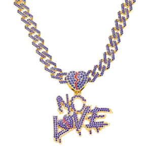 Collana cubana uomo oro con pendente a cuore NO LOVE in cristalli blu lucidi
